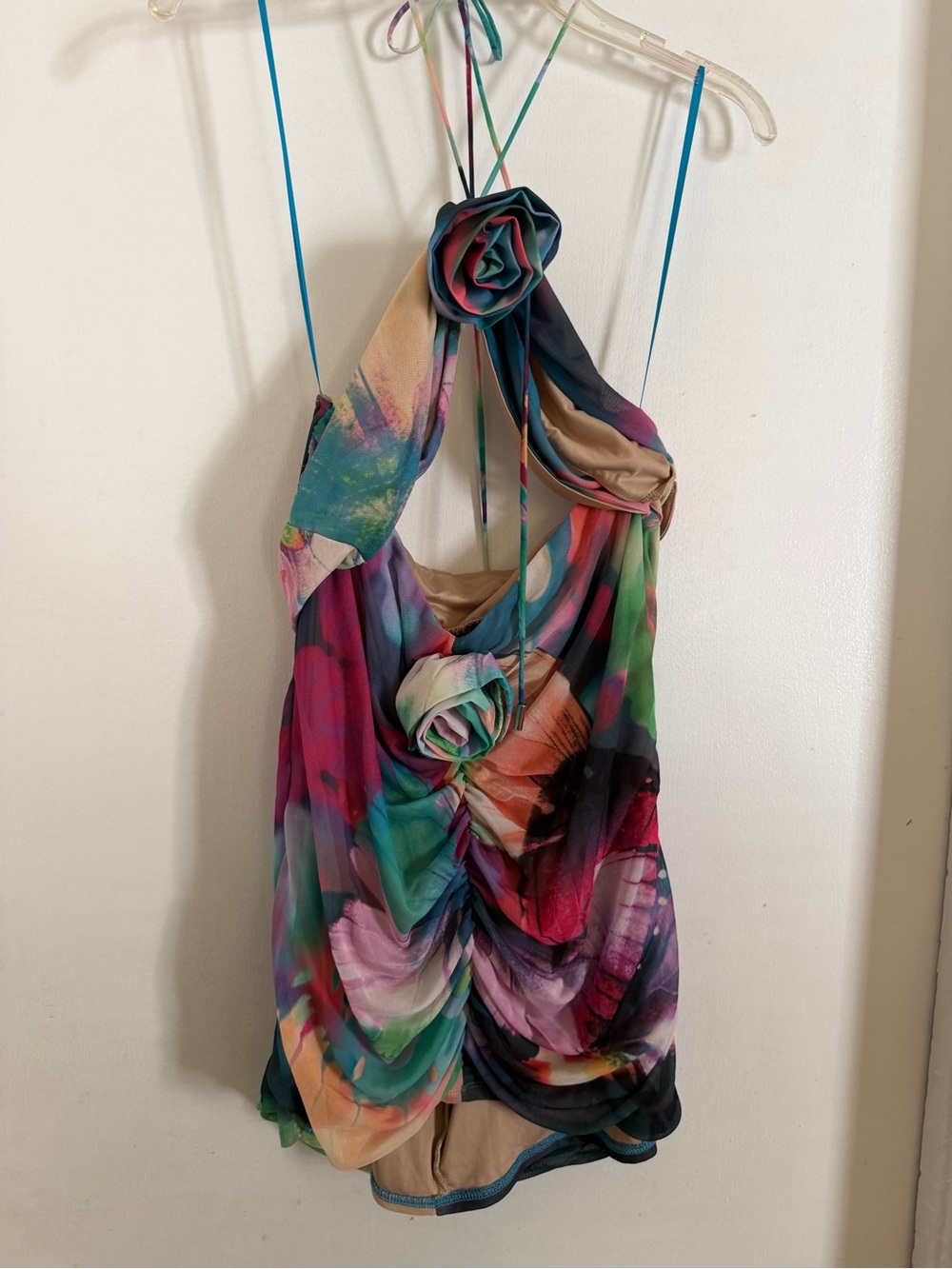 AFRM Multicolor Floral Halter Camisole with Rosette Accents